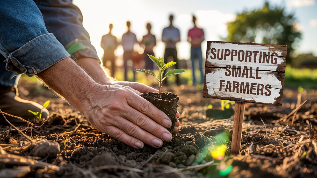 The Difference Between Fair Trade and Direct Trade - A Farmer planting a coffee plant while other farmers are standing behind