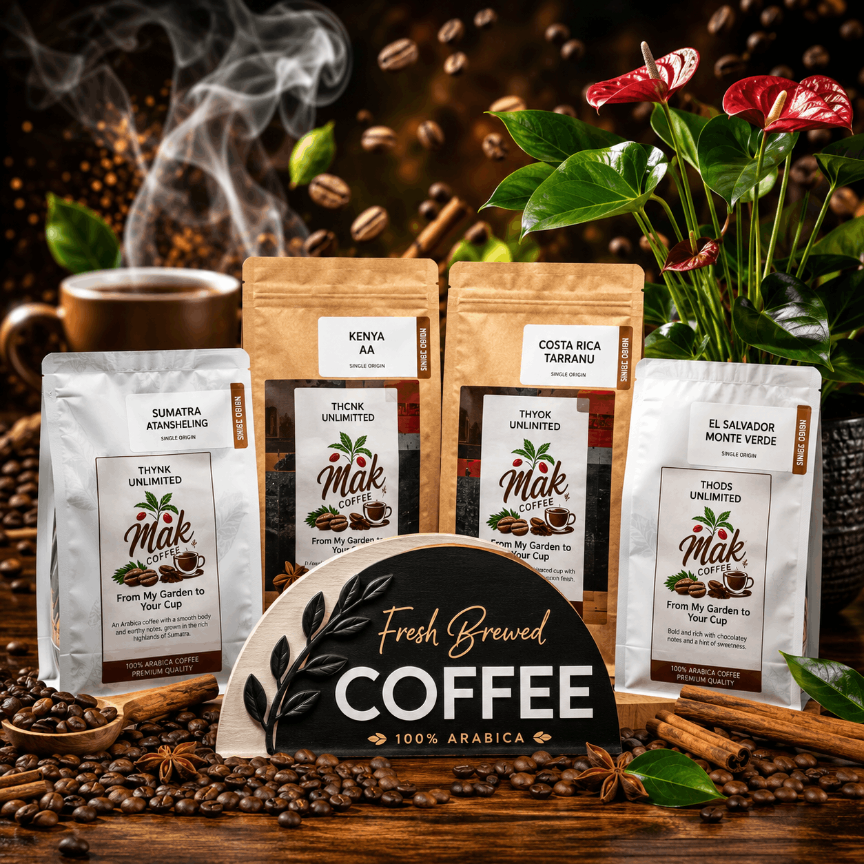 MAK Coffee single-origin coffee bags with fresh brewed coffee sign
